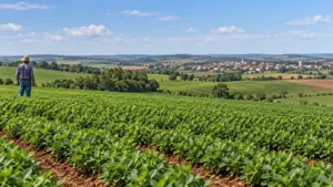 Cena ilustrativa de lavoura de amendoim e paisagem rural durante o dia.