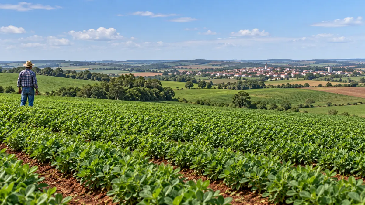 Cena ilustrativa de lavoura de amendoim e paisagem rural durante o dia.