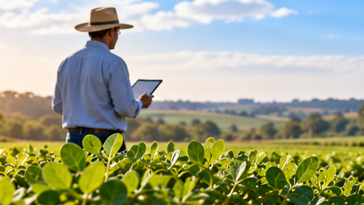 Cena ilustrativa de tecnologia no campo, com profissional utilizando tablet em uma lavoura de amendoim.