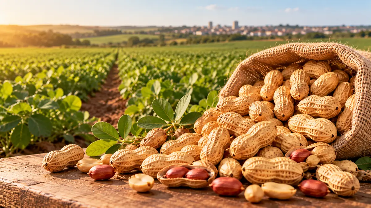 Composição ilustrativa de amendoim e paisagem agrícola regional.