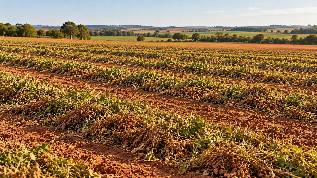 Cena ilustrativa de plantas de amendoim em secagem no campo após o arranquio.