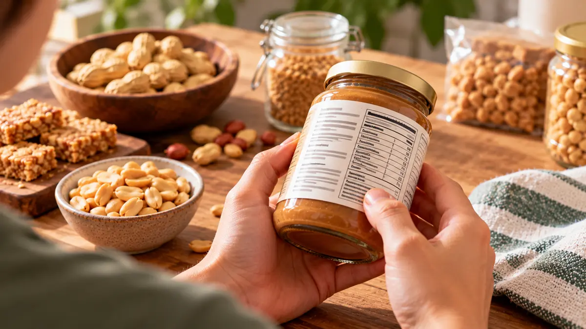 Cena ilustrativa de consumidor examinando embalagem de produto de amendoim.