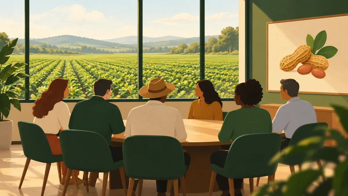 Ilustração conceitual de participantes reunidos para articular a cadeia produtiva do amendoim.