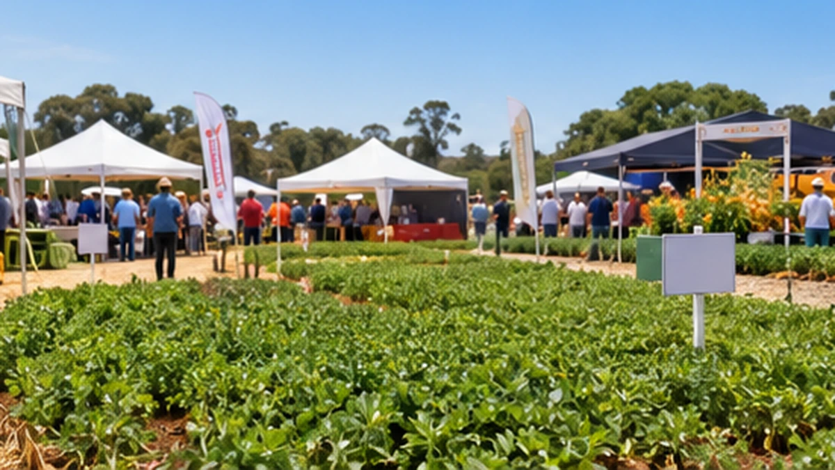 Cena ilustrativa de encontro técnico em área de cultivo, com tendas e participantes ao fundo.