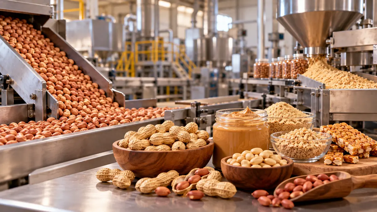 Cena ilustrativa da transformação industrial do amendoim em diferentes produtos.