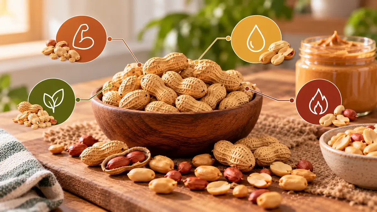 Ilustração conceitual de nutrientes do amendoim com ícones, sem dados quantitativos.