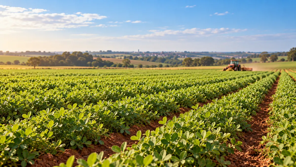 Cena ilustrativa de lavoura de amendoim em plano aberto, com equipamento agrícola distante.