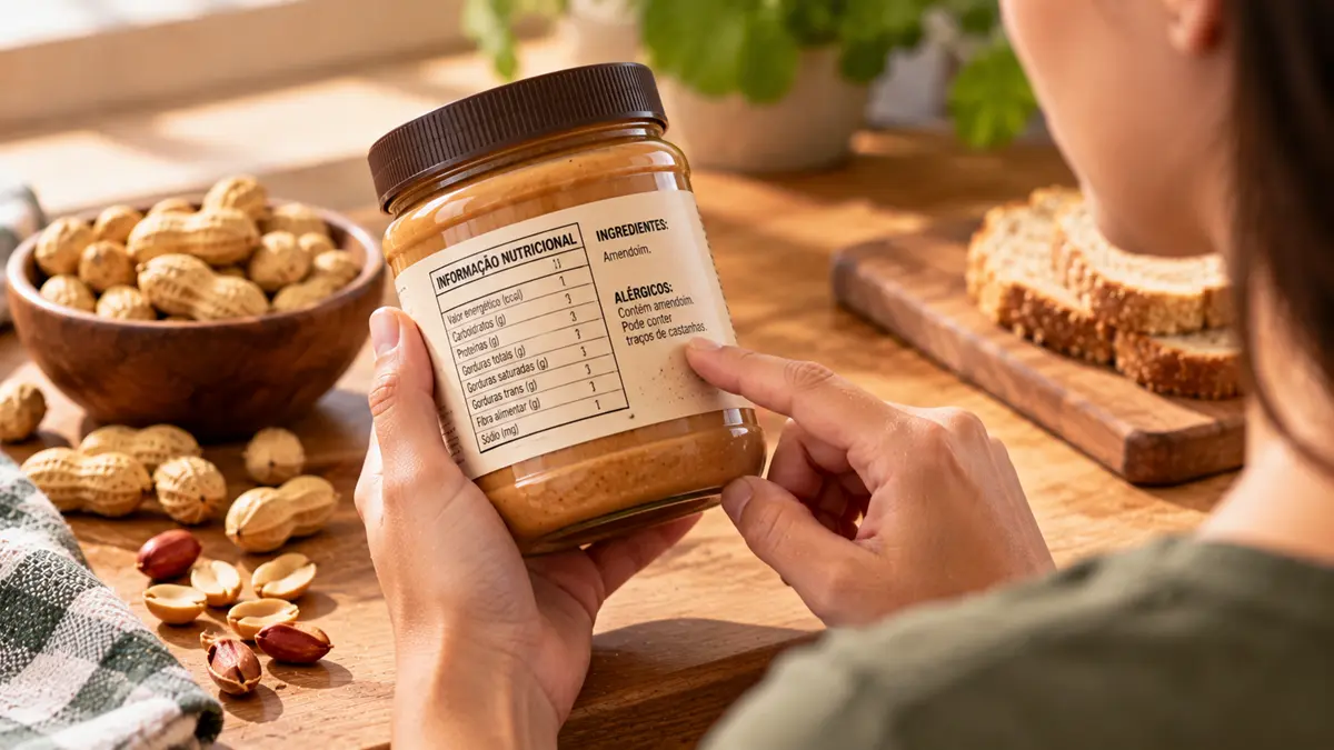 Imagem ilustrativa: Consumidor lendo ingredientes e informações nutricionais de um produto de amendoim.